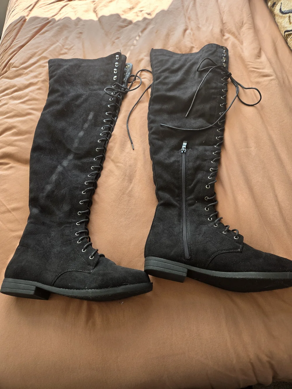 Source Unknown Black Lace-Up Over-The-Knee Boots with Side Zipper